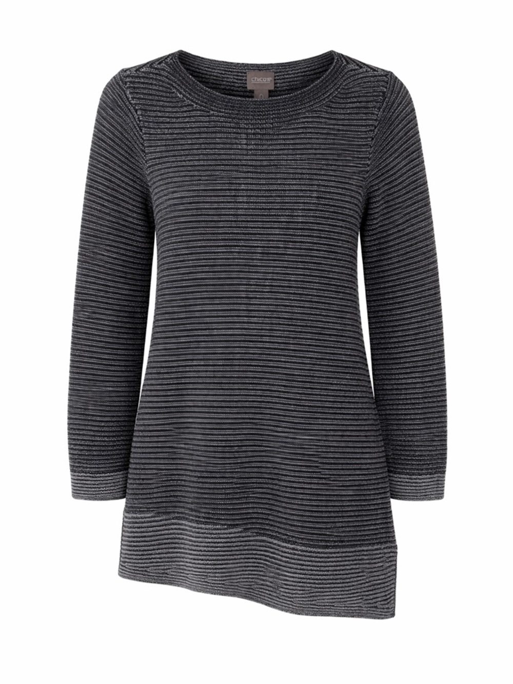 Chicos grey striped asymmetrical fuzzy sweater, size 0